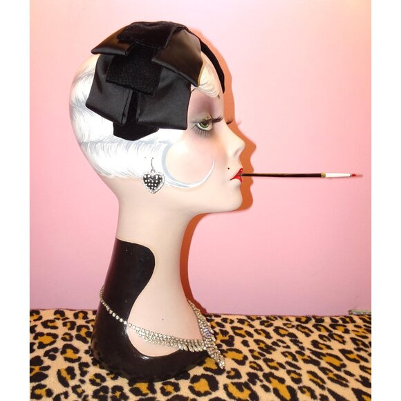 Vintage Black Velvet & Satin ILGWU Fascinator Hat Bow pinup retro rockabilly - Picture 4 of 16